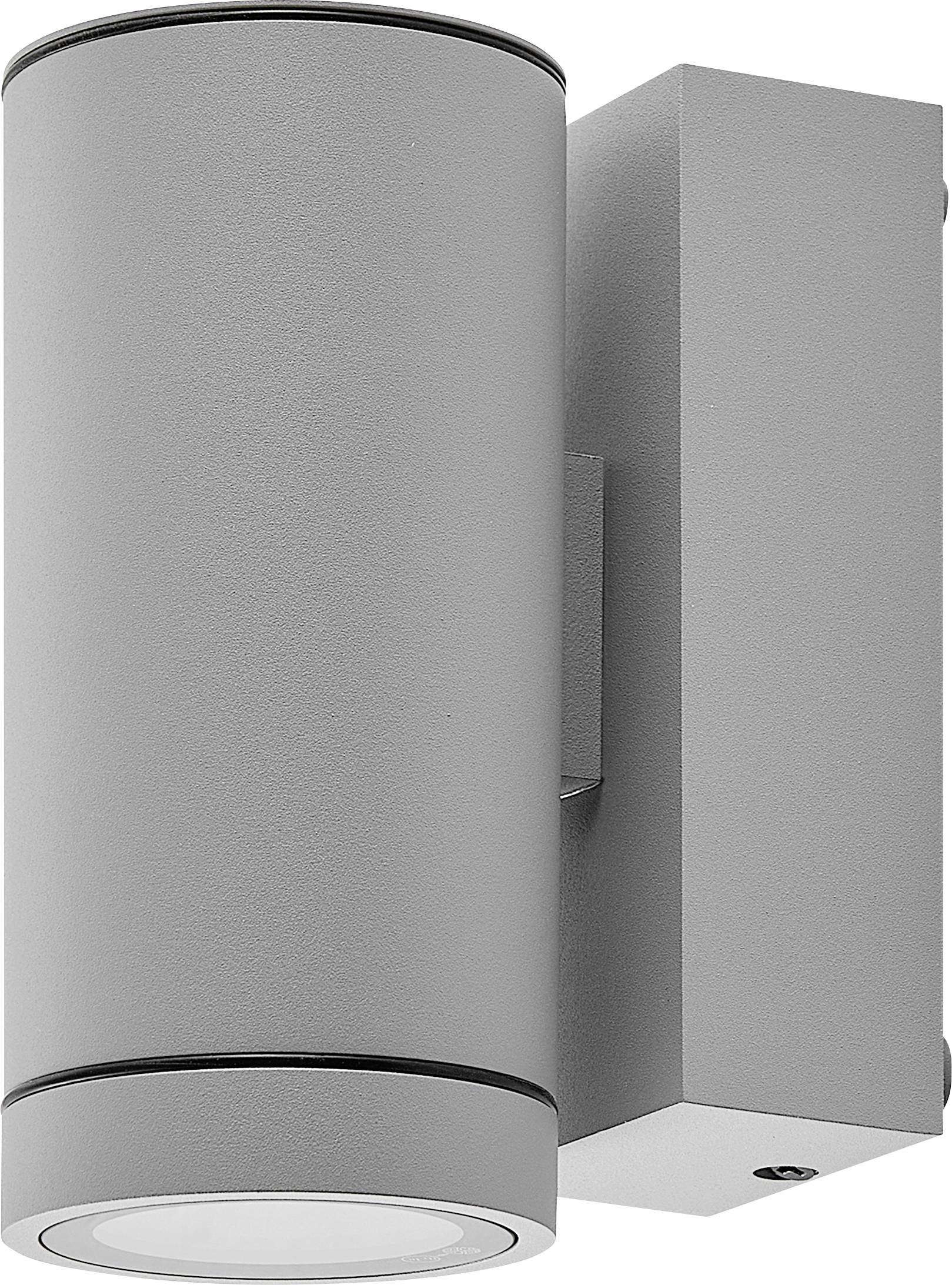 Szara cylindryczna lampa ścienna z prostokątną płytą montażową, prezentująca nowoczesny regulowany kinkiet w stylu zewnętrznym.
