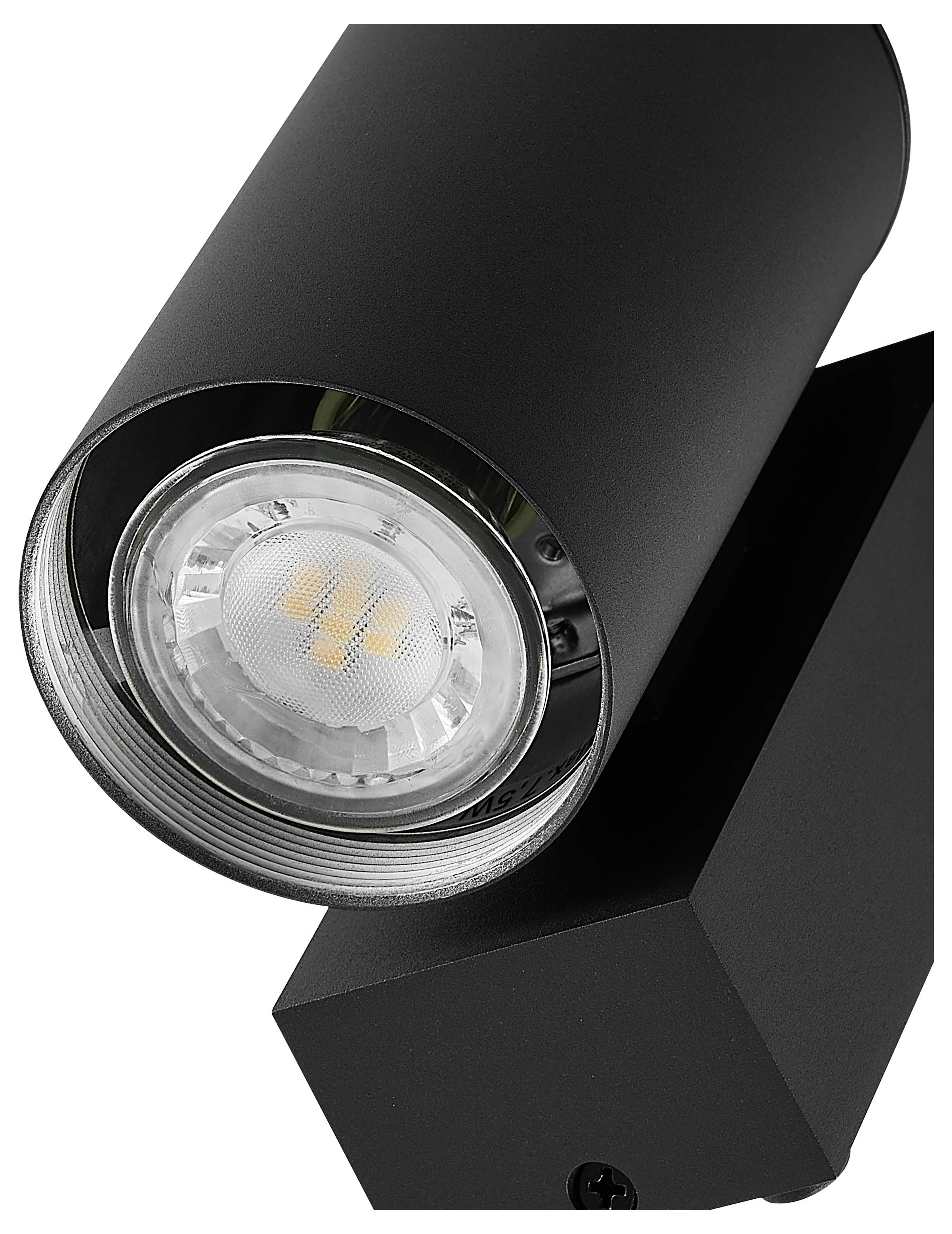 Czarna regulowana lampa punktowa montowana na ścianę z cylindryczną głowicą lampy LED na geometrycznym uchwycie montażowym, pokazana na białym tle.