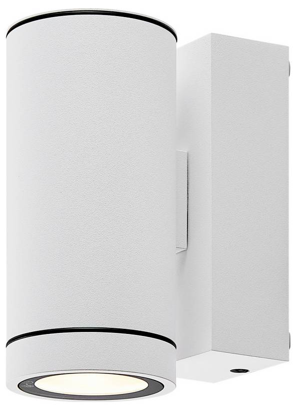 Biała cylindryczna lampa ścienno-montażowa z prostokątną płytą montażową, pokazana w widoku produktowym na białym tle.