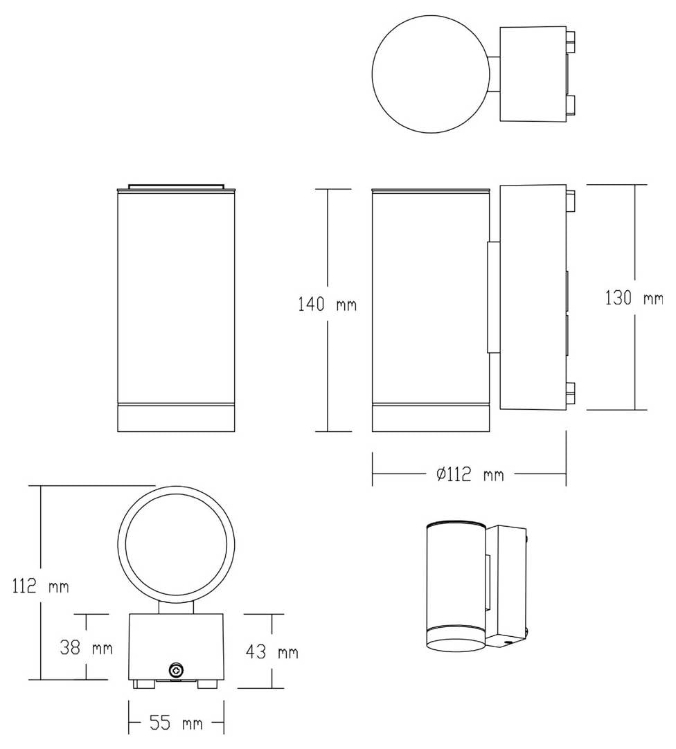 Techniczny rysunek wymiarowy cylindrycznego urządzenia pokazany w widoku z przodu, z boku, z góry i widoku ukośnym, opisany wymiarami obejmującymi 140 mm, 130 mm, 112 mm, 55 mm, 43 mm i 38 mm.