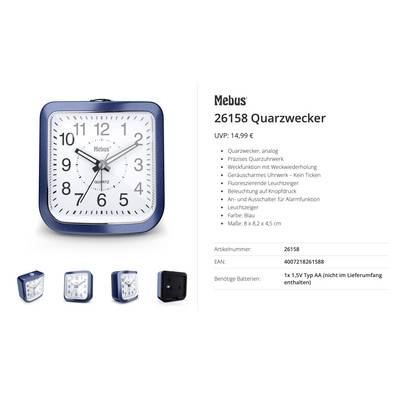 Oferta produktu dotycząca niebieskiego budzika kwarcowego Mebus, pokazującego tarczę zegara i specyfikacje: analogowy, powtarzający się alarm, cichy mechanizm, światło, kolor niebieski i rozmiar 8 x 8,2 x 4,5 cm.
