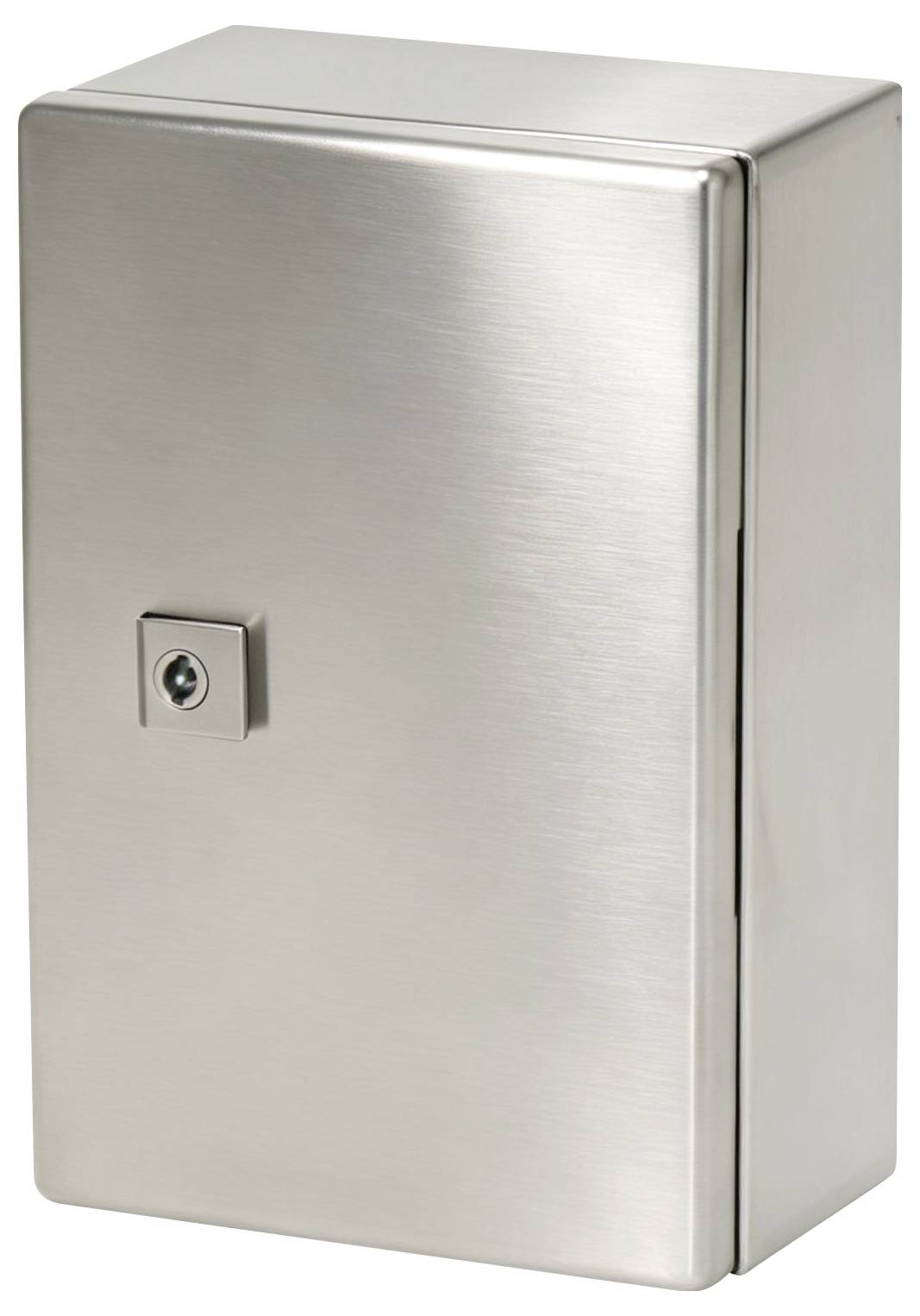 Stalowa szafka ścienna lub skrzynka na zamek ze stali nierdzewnej z małym zasuwa żeberkowym na przodzie.