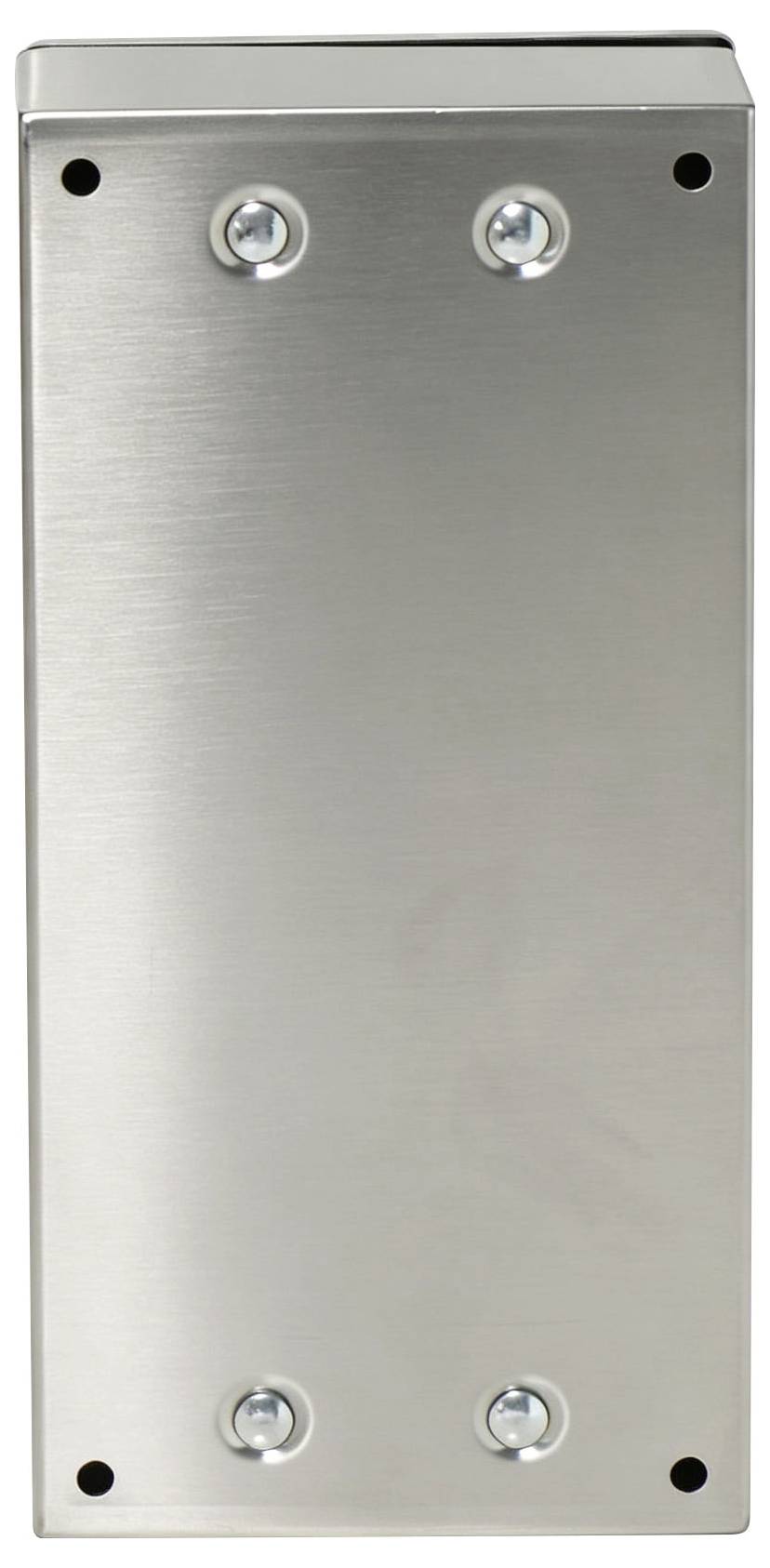 Prostokątny panel z szczotkowanego metalu z czterema widocznymi śrubami, pokazany frontalnie na białym tle.