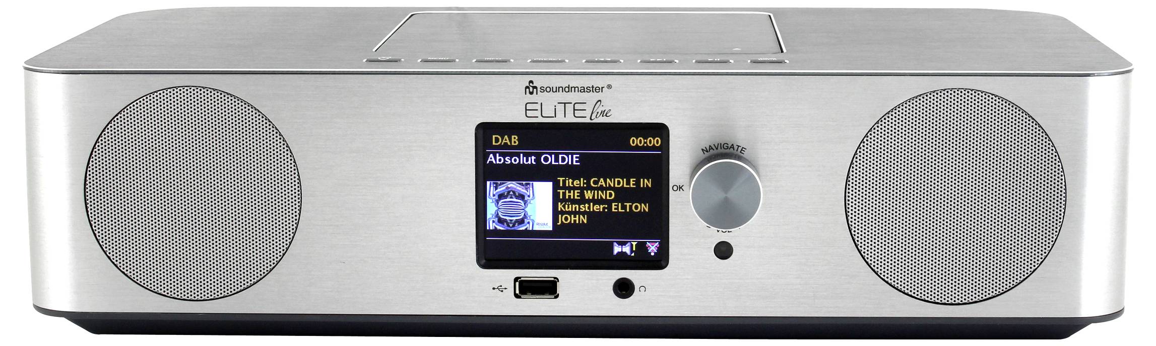 Radio Silver Soundmaster Elite z dwoma dużymi głośnikami, centralnym kolorowym wyświetlaczem pokazującym informacje DAB i stacji, oraz pokrętłem głośności po prawej stronie.