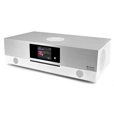 Srebrny kocioł hi-fi ze złączem przednim wyświetlającym informacje radiowe/płyt CD i wbudowanymi głośnikami na dolnej kratce.