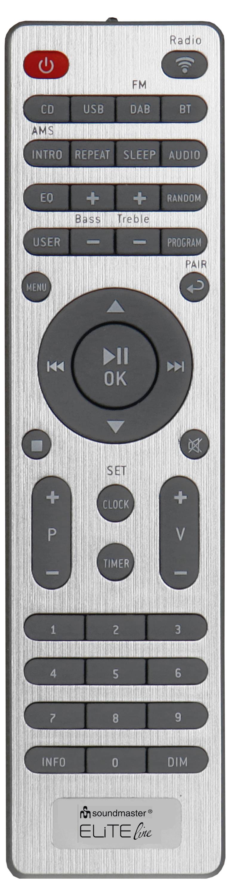 Srebrny pilot zdalnego sterowania Silver Soundmaster Elite z czerwonym przyciskiem zasilania, centralnym polem odtwarzania/OK, kontrolą głośności i kanałów oraz numeryczną klawiaturą.
