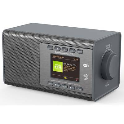 Czarne biurkowe radio internetowe z cyfrowym wyświetlaczem, przyciskami preset i dużym pokrętłem głośności po prawej stronie.