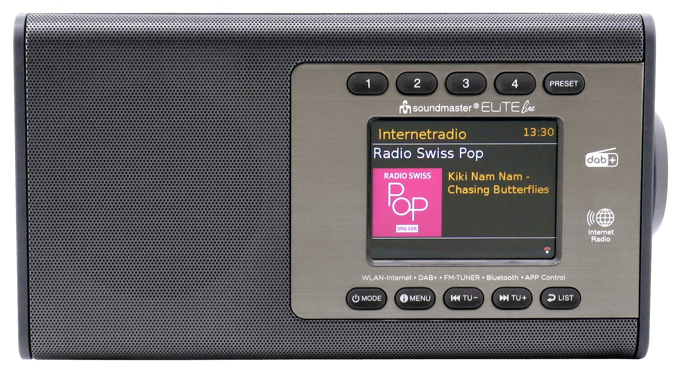 Radio cyfrowe Soundmaster ELITE w kolorze czarnym z wyświetlaczem kolorowym pokazującym „Internetradio" odtwarzające „Radio Swiss Pop" i utwór „Kiki Nam Nam - Chasing Butterflies".
