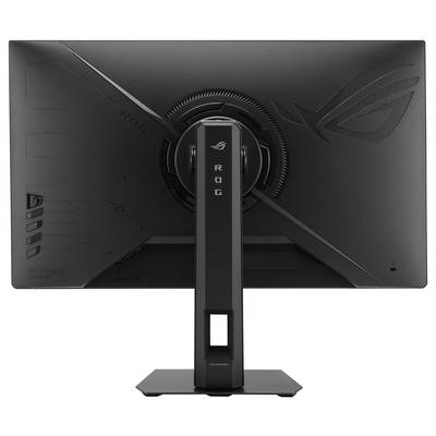 Widok z tyłu czarnego monitora gamingowego ASUS ROG na stojaku, pokazujący logo ROG i kątową futurystyczną konstrukcję.