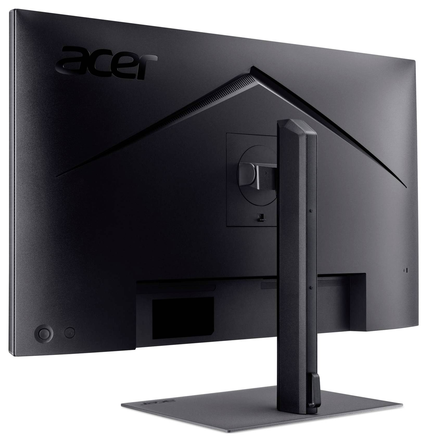 Widok tylny monitora stacjonarnego Acer na statywie, pokazujący panel tylny, porty kablowe i logo.