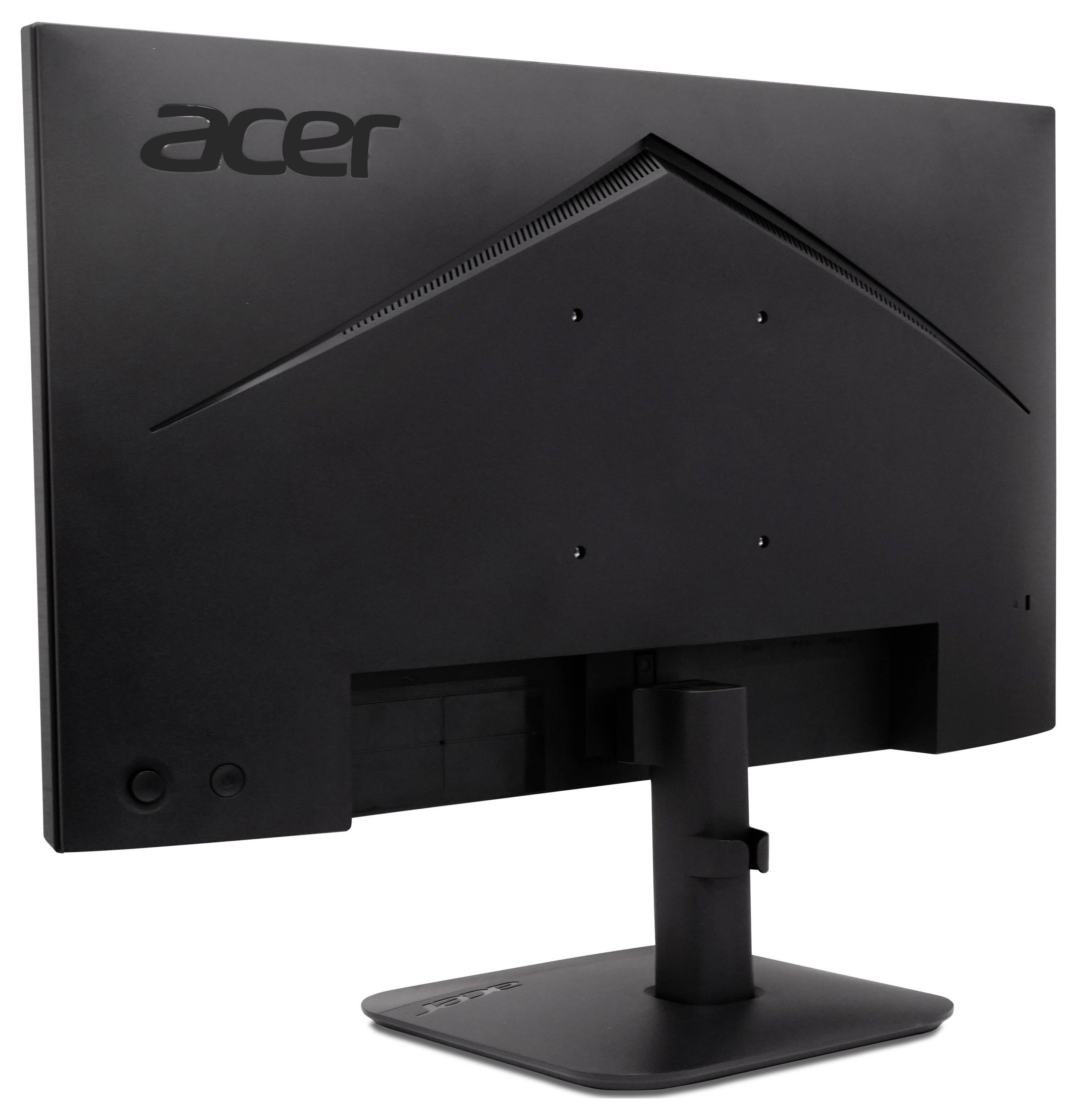 Widok z tyłu czarnego monitorа stacjonarnego Acer na statywie, pokazujący tylny panel i pochylony design otworu wentylacyjnego dla kabli.