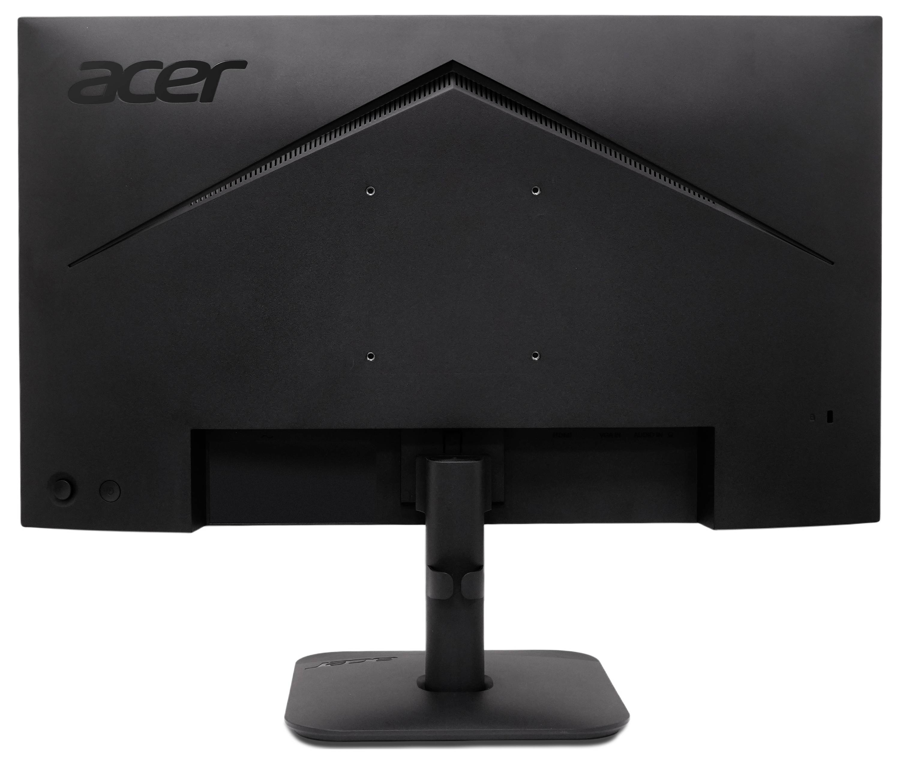 Widok z tyłu czarnego monitora Acer na statywie, pokazujący panel tylny, logo i projekt wentylacji.