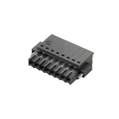 Czarny plastikowy blok złącznika elektrycznego z wieloma przednimi szczelinami na przewody i bocznymi śrubami na białym tle.