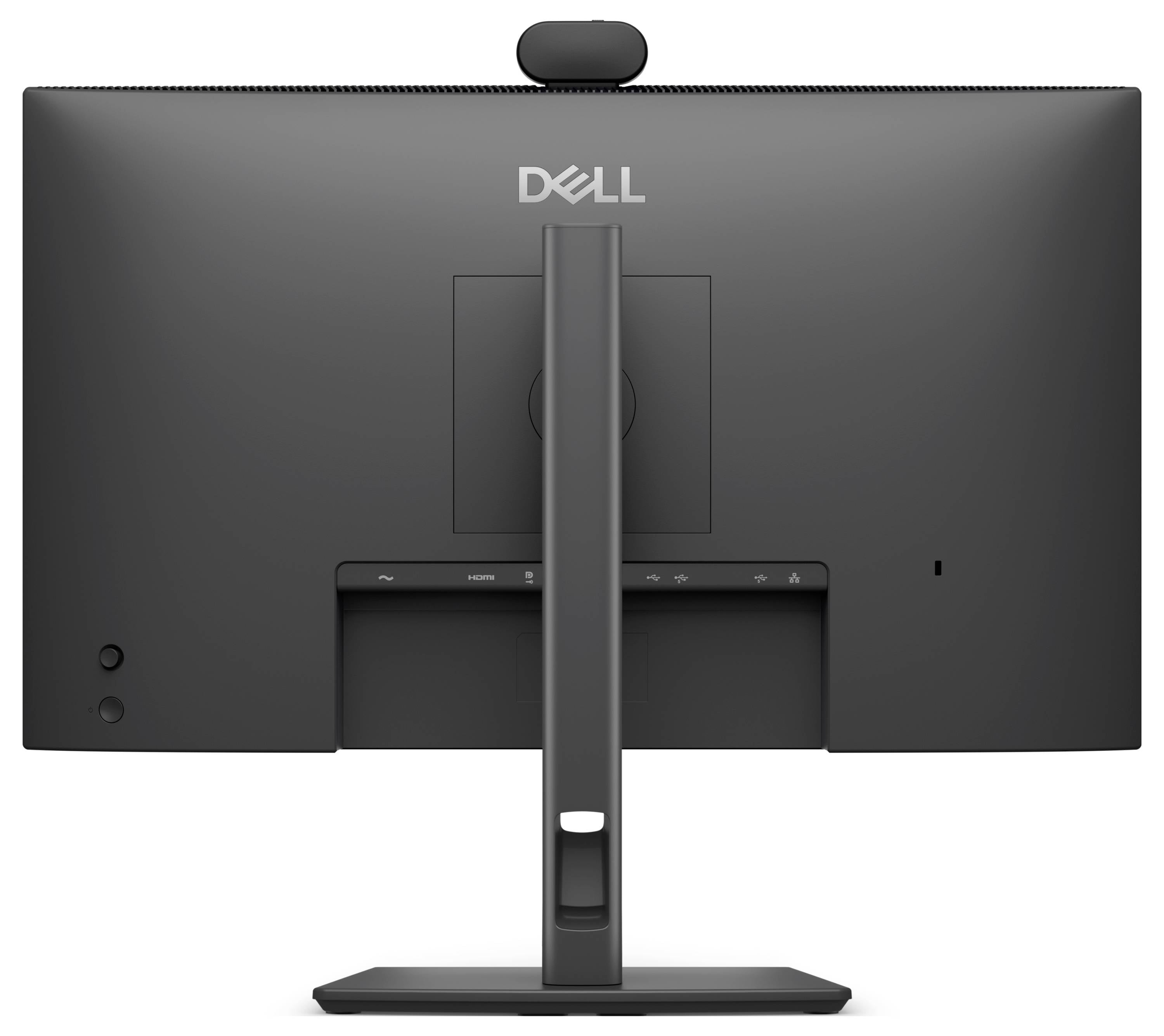 Widok tylny monitora Dell na statywie, pokazujący panel tylny, centralną kolumnę montażową i logo Dell.