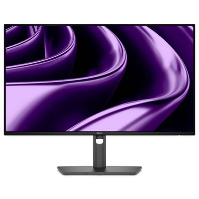 Monitor komputerowy Dell wyświetlający abstrakcyjne teal i czarne wirujące kształty podobne do płynu na białym tle.