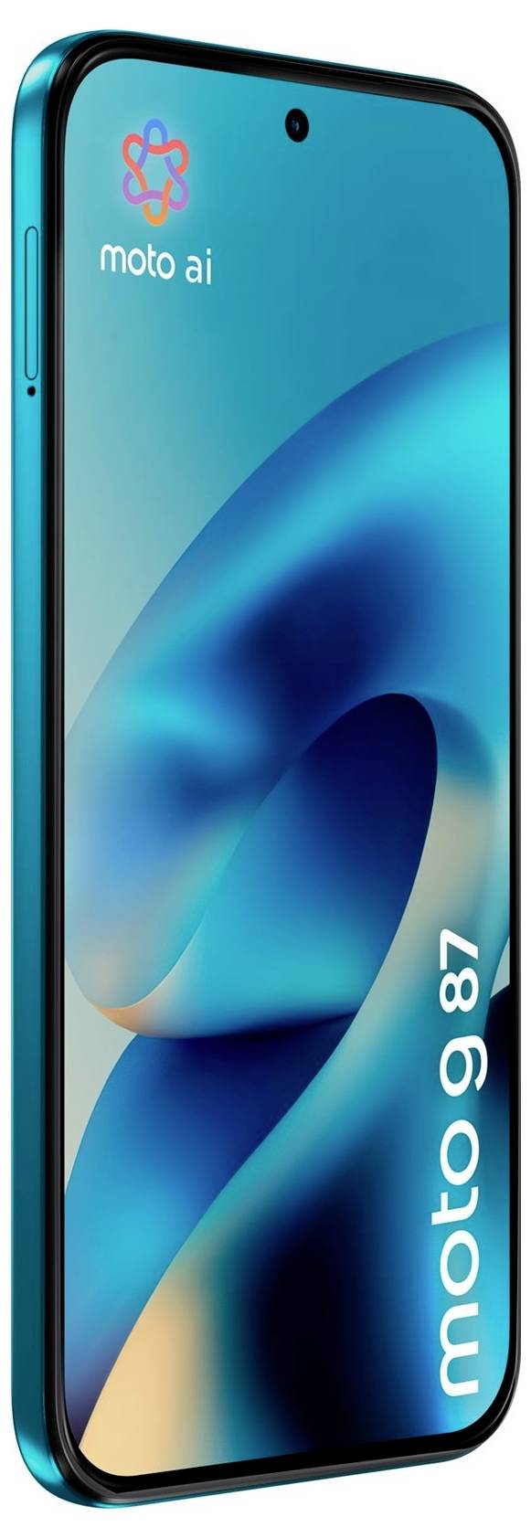 Smartphone Motorola Moto AI pokazany na niebieskim ekranie w obudowie telefonu w kolorze teala, widok frontu pod kątem z tekstem „moto ai" i „moto g87" na wyświetlaczu i krawędzi.