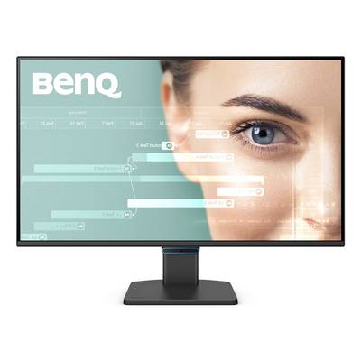 Monitor BenQ wyświetlający zbliżenie twarzy kobiety z przezroczystymi grafikami interfejsu przypominającymi wykres na całym ekranie.