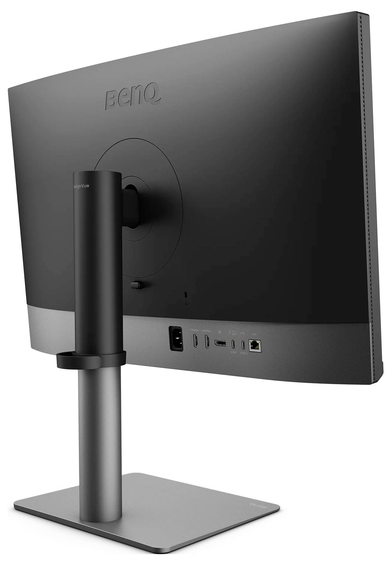 Widok z tyłu monitora stacjonarnego BenQ na statywie, ukazujący uchwyt, porty kablowe i srebrną podstawę na białym tle.