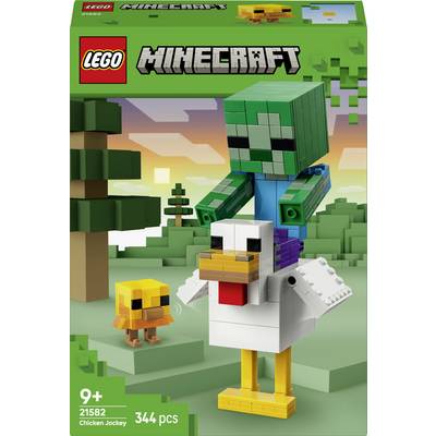 Zestaw LEGO Minecraft pokazujący na pudełku postać z sześcienną zieloną głową jadącą na białym kurze, z małym żółtym pisklęciem; wiek 9+, zestaw 21582, 344 części.