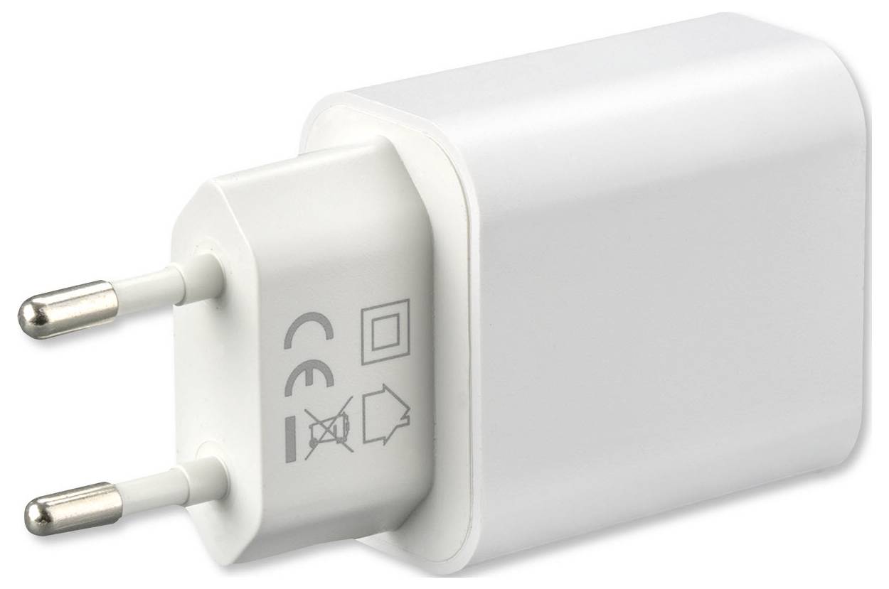Biały zasilacz sieciowy do ściennego gniazdka z dwoma okrągłymi bolcami wtyczki europejskiej i obudową ładowarki USB na białym tle.