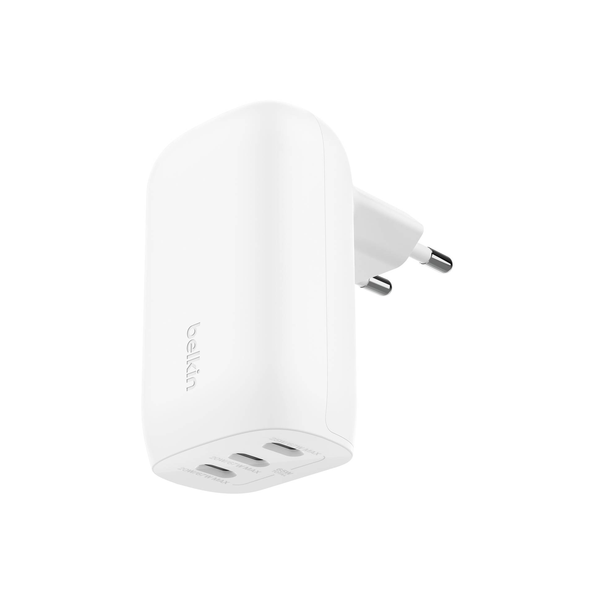 Biały ładowarka sieciowa Belkin z wtyczką dwukołkową i trzema portami USB, pokazana na zwykłym białym tle.