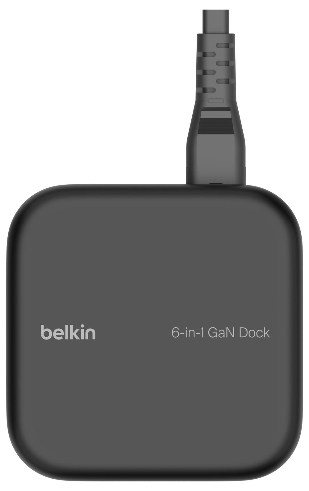 Czarny dok Belkin 6 w 1 z technologią GaN z dołączonym kablem, widok frontu na białym tle.