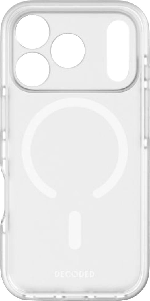 Przezroczyste etui do telefonu z pierścieniem MagSafe i podwyższonymi wycięciami aparatu na białym tle, oznakowane marką „DECODED" na dole.