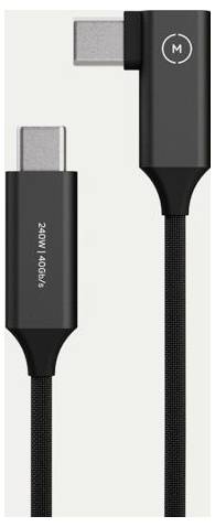 Dwa czarne złącza kabli ładujących USB-C pokazane w zbliżeniu, każde z metalową wtyczką, jedno oznaczone logo 'M' i tekstem 240W/40Gb/s.