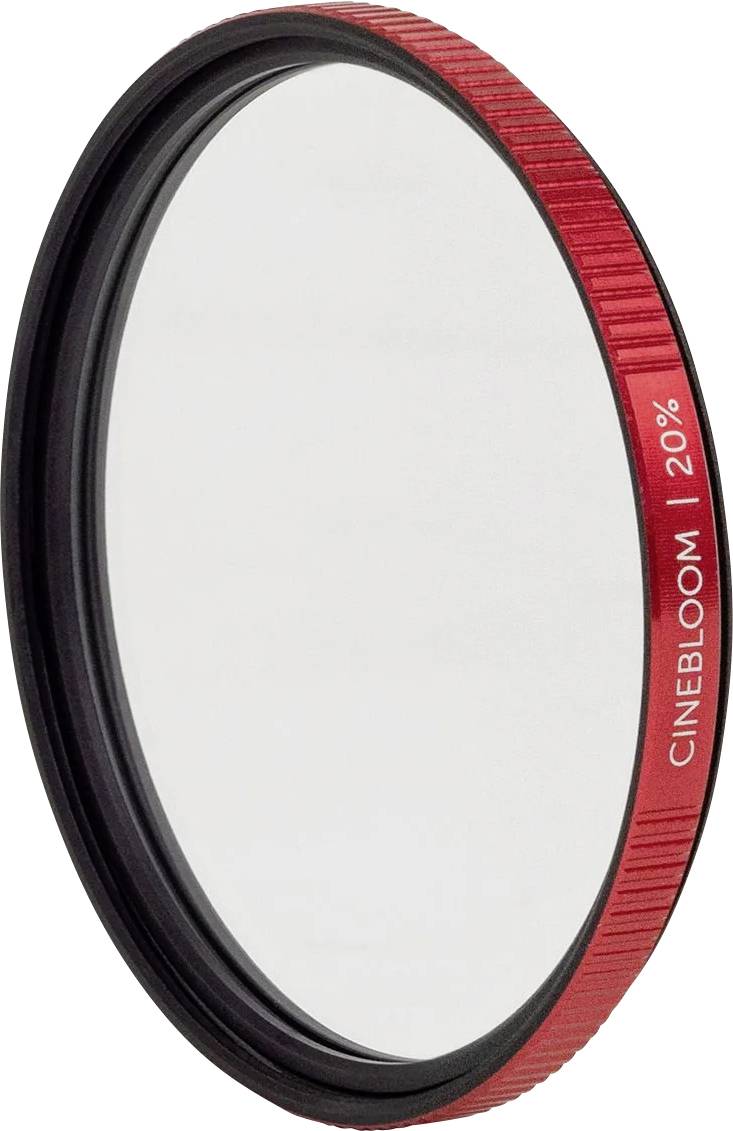 Czerwony okrągły filtr do obiektywu aparatu fotograficznego oznaczony etykietą „CINEBLOOM 1/20", pokazany na białym tle.