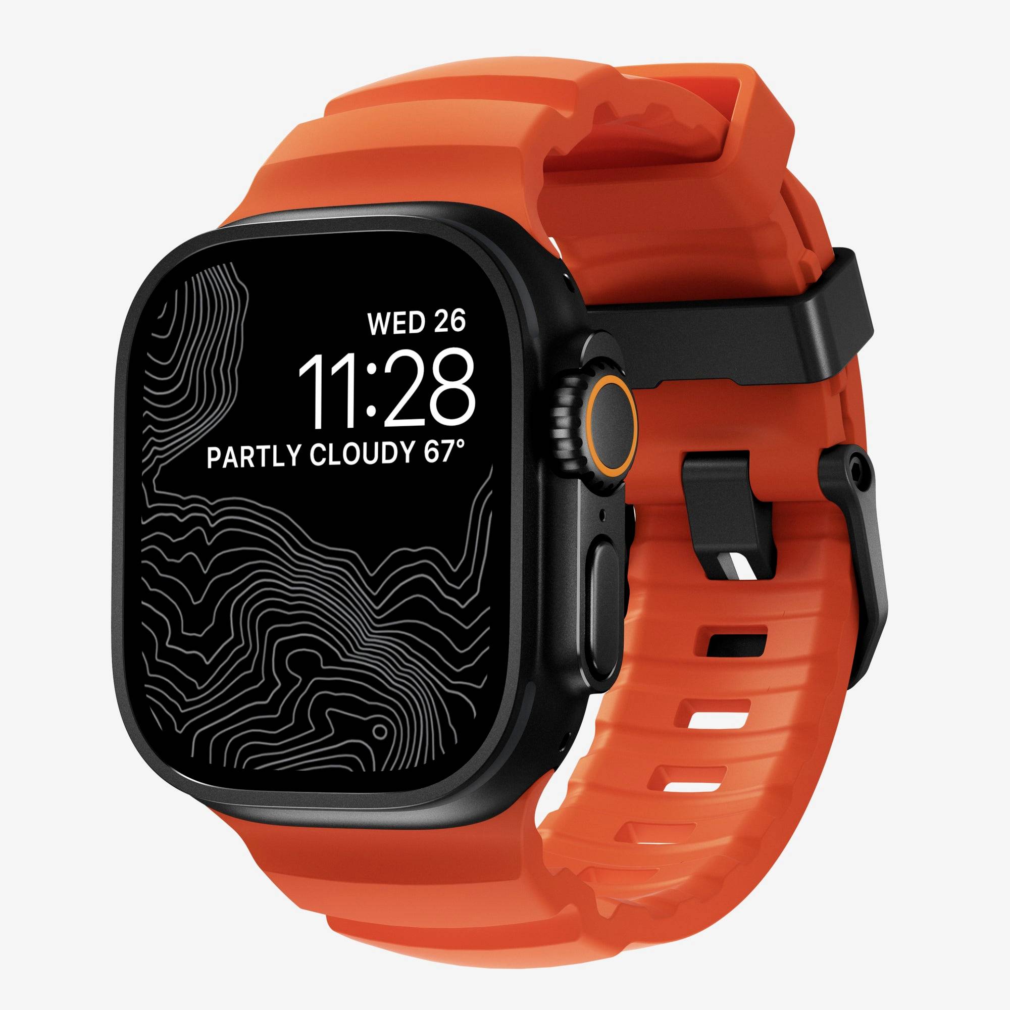 Pomarańczowy pancerny smartwatch z czarną kwadratową tarczą wyświetlającą 11:28, śr. 26, oraz częściowo pochmurną pogodę 67°.