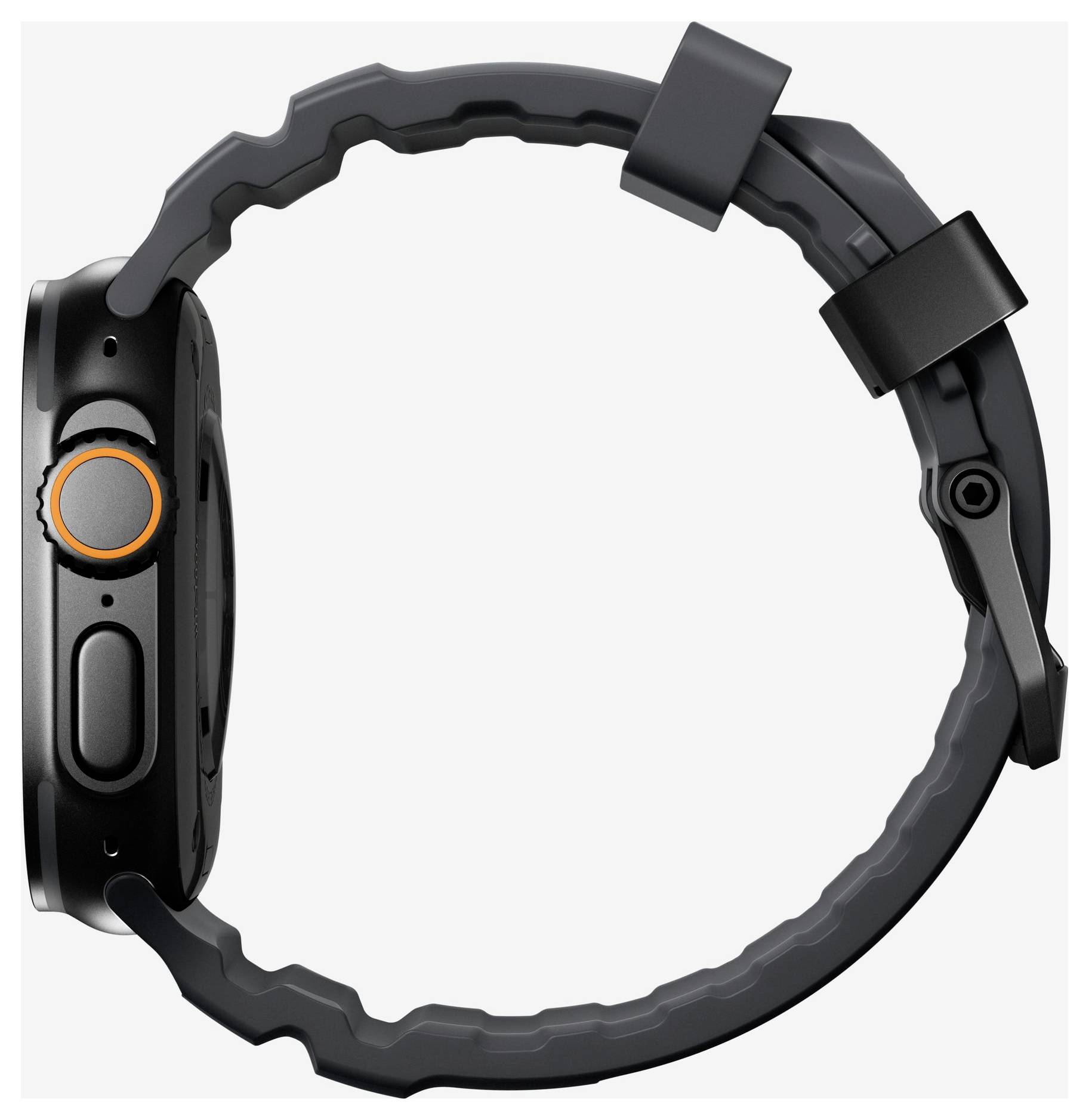 Czarny smartwatch pokazany w widoku bocznym z okrągłym paskiem i pomarańczowym przyciskiem bocznym na białym tle.