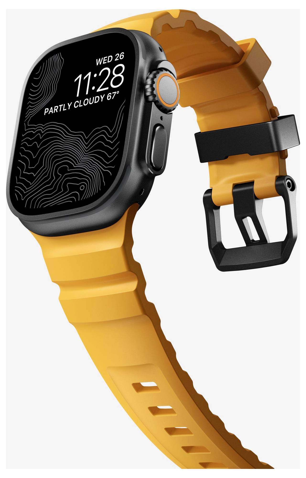 Pomarańczowy smartwatch z czarną tarczą i pasującym pomarańczowym paskiem sportowym, pokazany pod kątem z cyfrowym czasem 11:28 i pogodą wyświetlaną na ekranie.