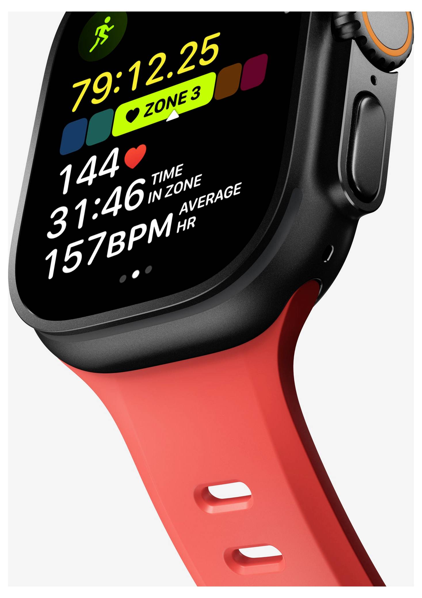 Zbliżenie smartwatcha wyświetlającego statystyki treningu: 79:12.25, Strefa 3, puls 144, 31:46 czasu w strefie i średni HR 157 BPM.