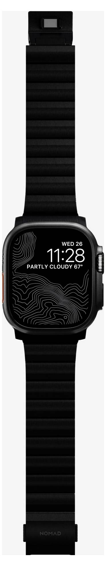 Czarny zegarek Apple Watch z fakturowaną czarną bransoletką wyświetlającą 11:28, ŚRO 26 i CZĘŚCIOWO POCHMURNIE 67°F na ekranie.