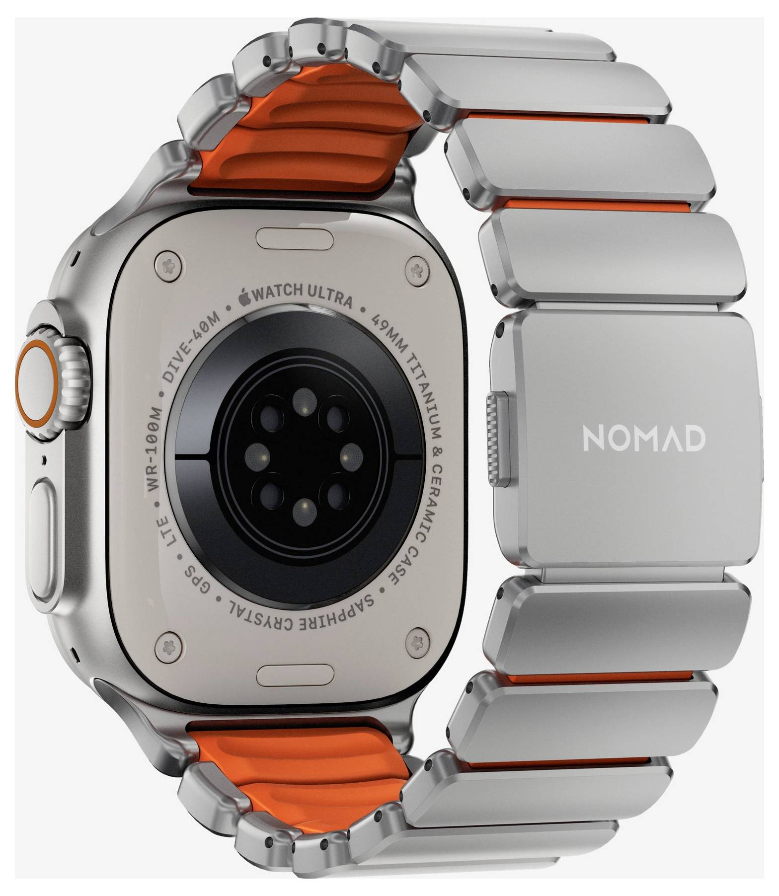 Widok tylny Apple Watch Ultra z srebrną metalową opaską Nomad i pomarańczowymi akcentami.