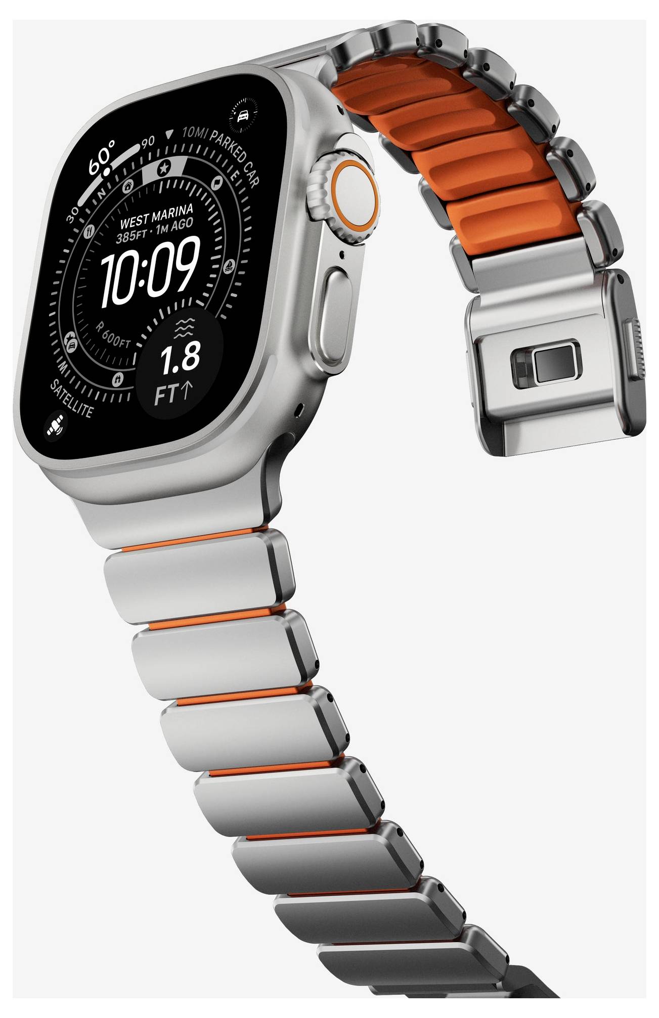 Srebrny smartwatch z paskiem metalowym z pomarańczowymi akcentami, wyświetlający cyfrową tarczę zegarka z godziną 10:09 i statystykami w stylu fitness.