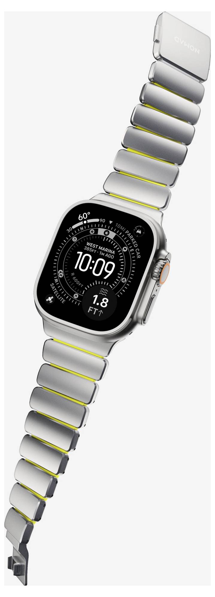 Srebrny Apple Watch z czarną tarczą wskazujący godzinę 10:09 i statystyki aktywności, umieszczony pod kątem na dopasowanej metalowej bransolecie.