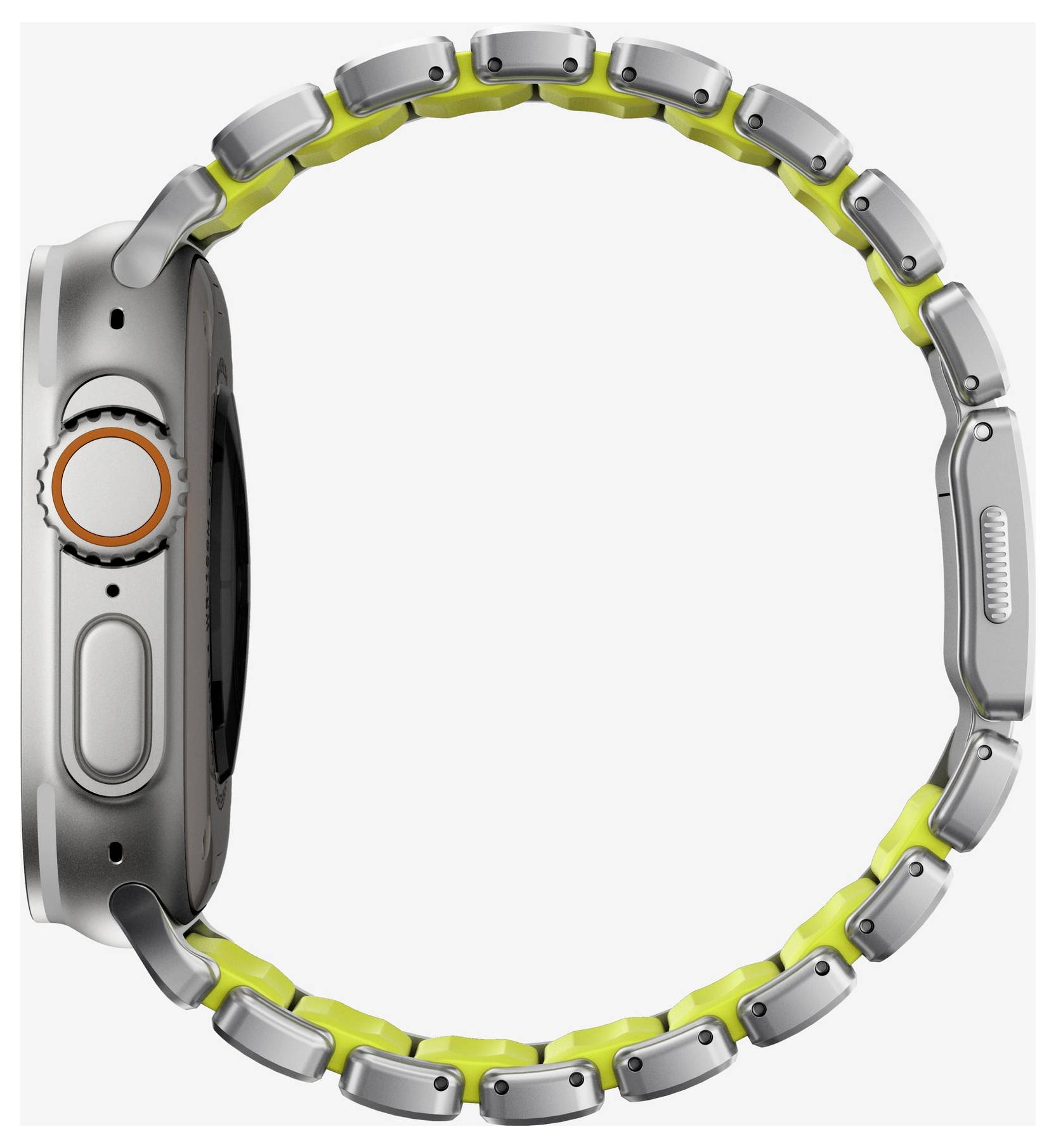 Srebrny smartwatch pokazany w widoku z boku z metalową bransoletą z ogniw i jasnym żółtym wewnętrznym wykończeniem, ukazujący konstrukcję koperty zegarka i pasmanterii.