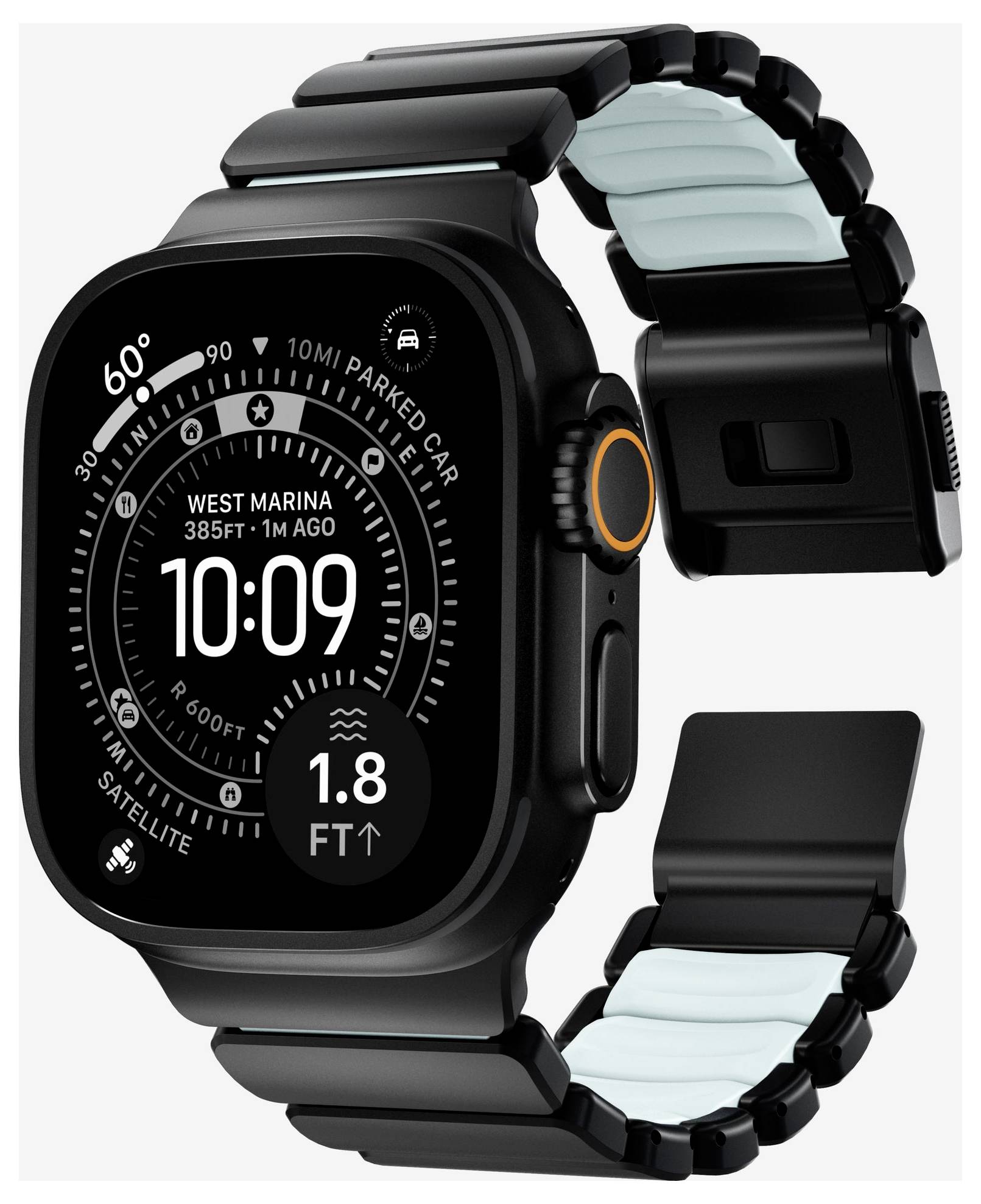Odporny czarny smartwatch z kwadratowym wyświetlaczem pokazującym 10:09, danymi GPS/nawigacji i czarno-jasnoniebieskim paskiem segmentowym, pokazany w trzech widokach.