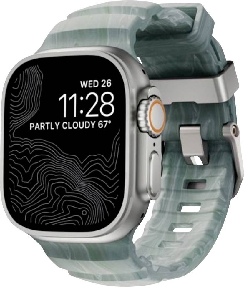 Smartwatch w srebrnej obudowie i przezroczystym niebiesko-zielonym pasku, wyświetlający 11:28, śr 26 i „Częściowo pochmurno 67°" na ekranie.