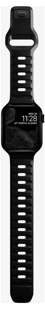 Czarny Apple Watch z czarnym sportowym paskiem, wyświetlający 11:28 i datę śr 28 na ekranie.