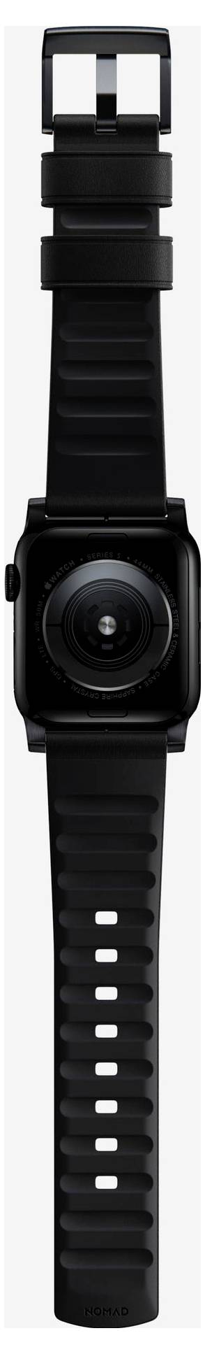 Czarny smartwatch z okrągłą tarczą i czarnym paskiem z fakturą, pokazany z przodu na białym tle.