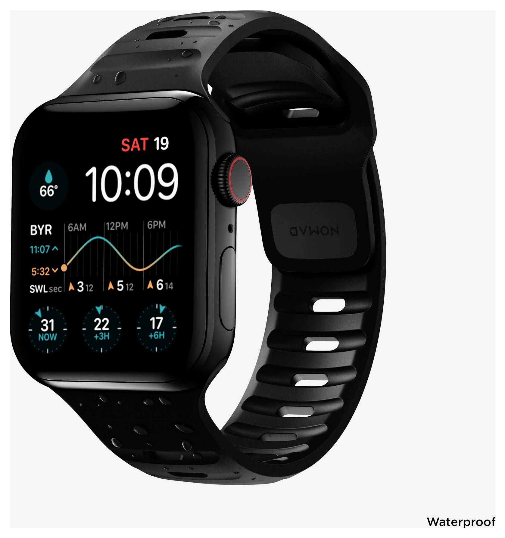Czarny smartwatch pokazany z przodu i z tyłu, wyświetlający czas 10:09 ze stanem pogody, aktywnością i statystyką treningową; oznaczony „Wodoszczelny".