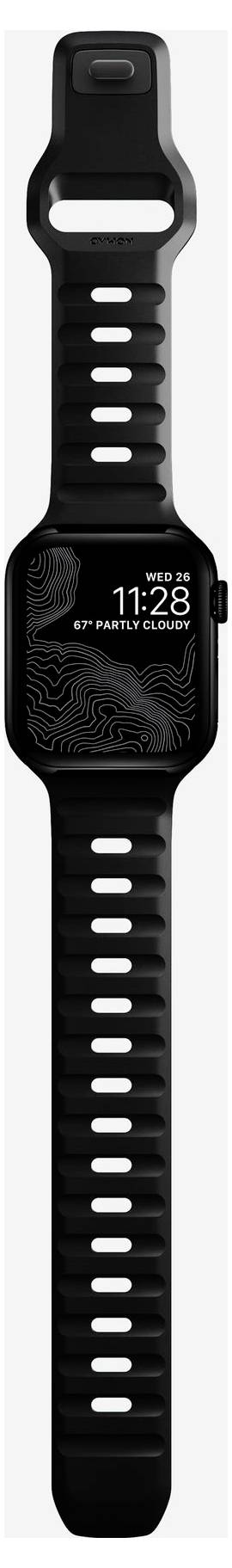 Czarny Apple Watch z czarnym paskiem sportowym wyświetlany od przodu na białym tle, pokazujący godzinę 11:28.
