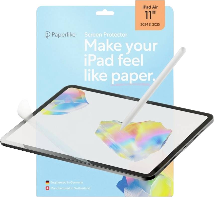 Opakowanie na ochraniacz ekranu Paperlike dla iPad Air 11 cali (2024 i 2025), pokazujące iPad z ryskiem i hasłem promocyjnym "Sprawia, że Twój iPad wygląda jak papier."