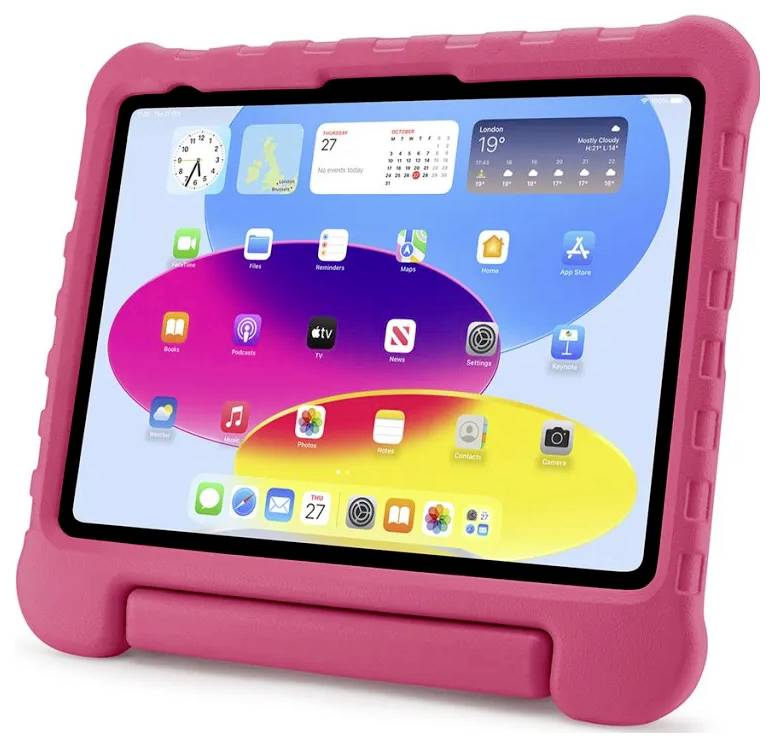Tablet w różowej obudowie ochronnej wyświetlający ekran główny z ikonami aplikacji i widgetami.