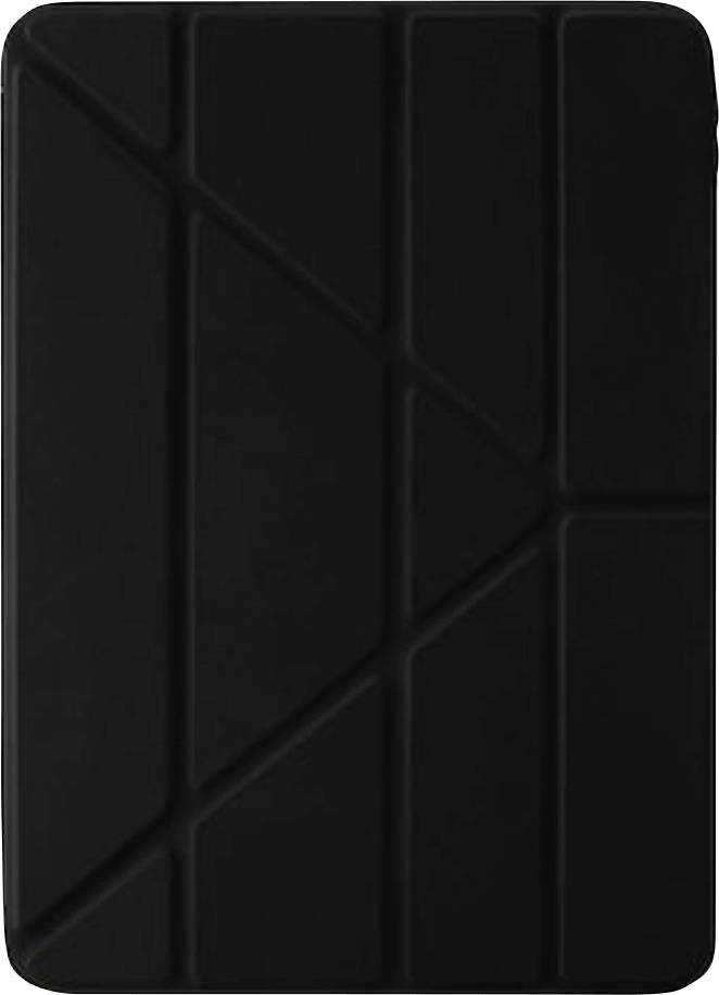 Czarne etui na tablet o strukturalnej fakturze z ukośnymi i pionowymi liniami paneli, widok frontu.