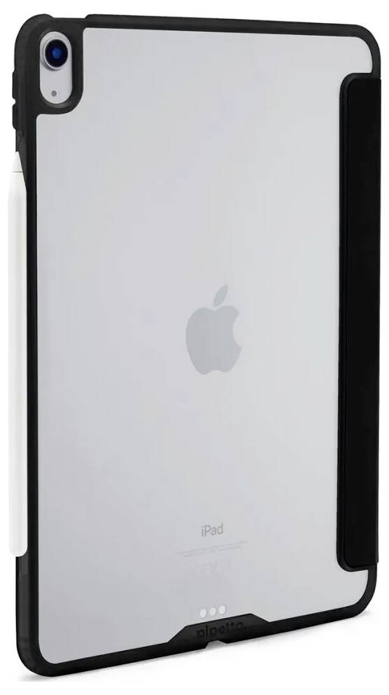 Biały iPad z czarnym ochronnym etui i Apple Pencil przypiętym po lewej stronie, widoczny od tyłu.
