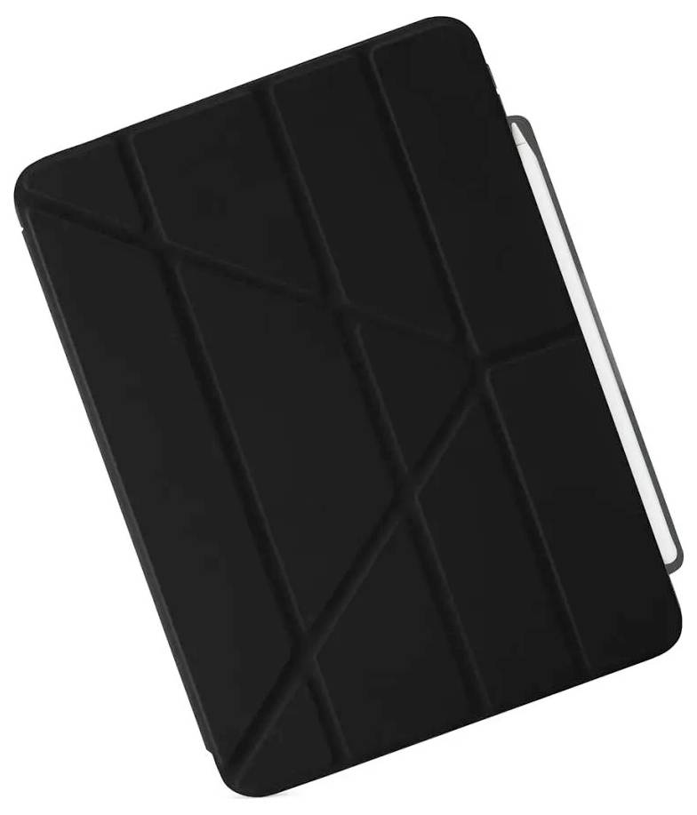 Czarna futerał folio do tabletu z geometrycznym strukturalnym przodu, pokazana zamknięta i ustawiona pod kątem na białym tle.