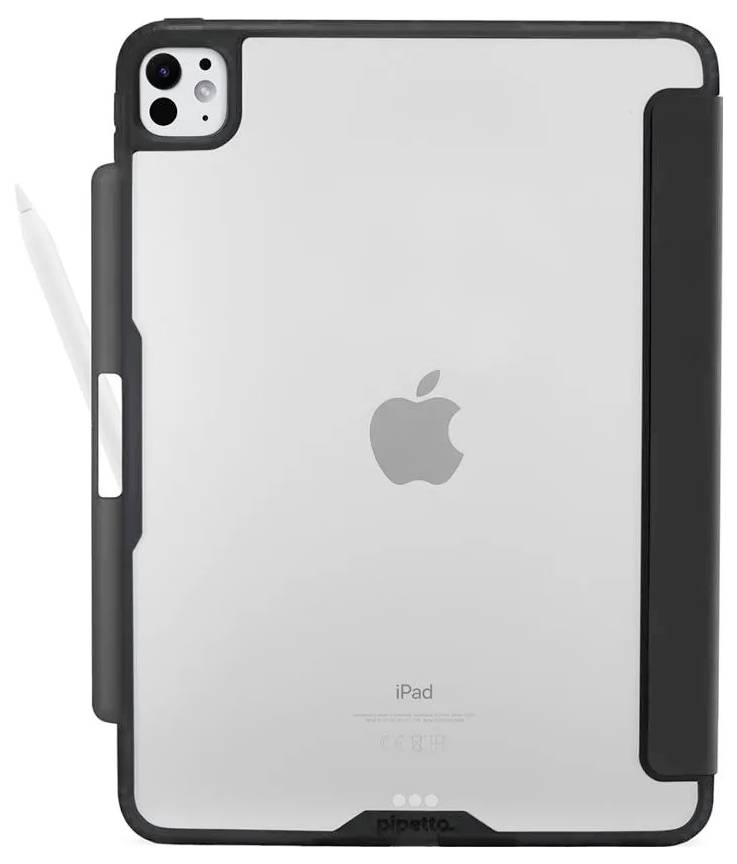 Widok tylny iPada w czarnym etui ochronnym z wbudowanym stojąkiem, pokazujący logo Apple i wycięcie aparatu.
